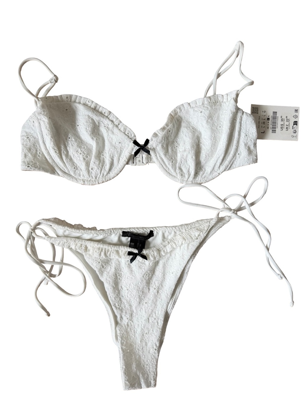 Zara NWT White Eyelet Underwire Bikini Set with Black Bow - Women Swim